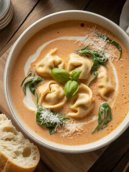 Creamy tomato tortellini soup in a white bowl with cheese tortellini, spinach, and fresh basil garnish
