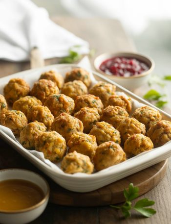 Golden-brown crispy turkey stuffing balls on white platter with cranberry sauce