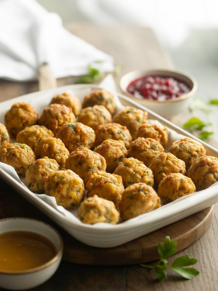 Golden-brown crispy turkey stuffing balls on white platter with cranberry sauce