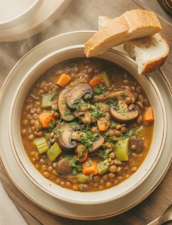 Hearty vegan lentil mushroom stew in a rustic bowl with mushrooms, lentils, and vegetables in rich brown broth