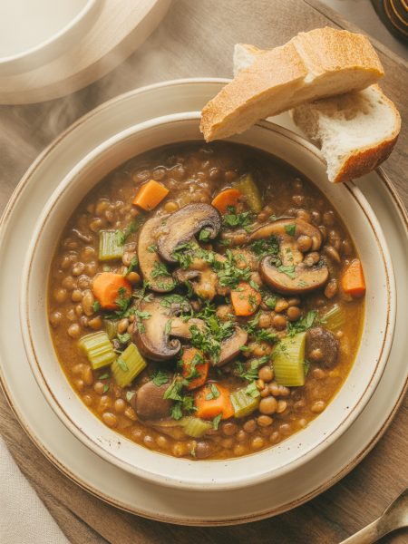 Hearty vegan lentil mushroom stew in a rustic bowl with mushrooms, lentils, and vegetables in rich brown broth