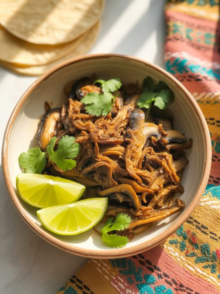 Crispy vegan carnitas made with mushrooms in a ceramic bowl garnished with cilantro and lime
