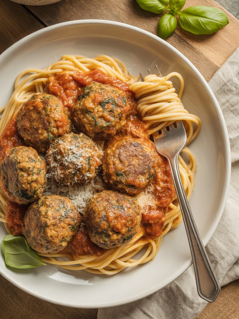 Vegan mushroom meatballs served over spaghetti with marinara sauce, garnished with fresh basil and parmesan