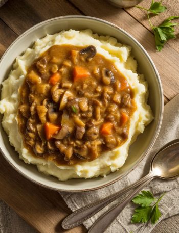 Hearty vegan mushroom stew with chunky vegetables ladled over creamy mashed potatoes in rustic bowl