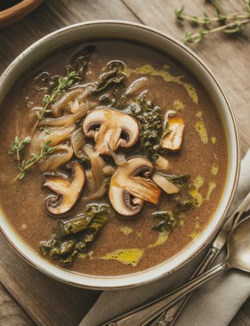 Cozy bowl of wild mushroom and kale soup with caramelized onions garnished with fresh herbs