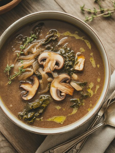 Cozy bowl of wild mushroom and kale soup with caramelized onions garnished with fresh herbs