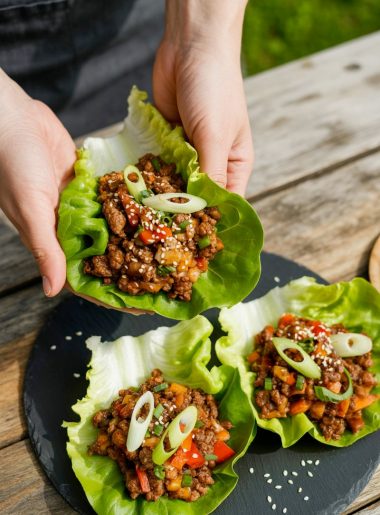 Asian beef lettuce wraps on black plate with sesame seeds and green onions
