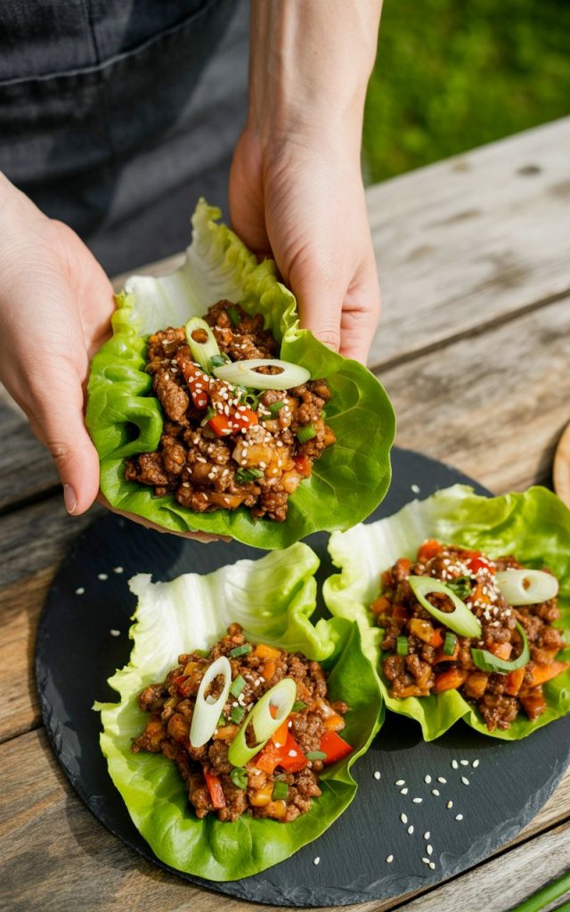 Asian beef lettuce wraps on black plate with sesame seeds and green onions