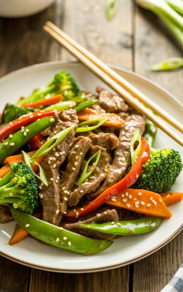 Asian sweet ginger beef stir fry with vegetables on white plate