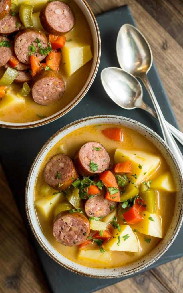 two bowls of cajun potato soup on a table