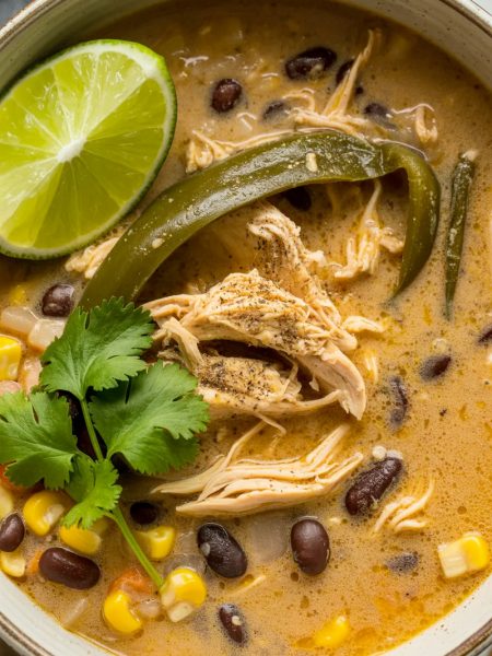 Chicken poblano and black bean soup with shredded chicken, corn, black beans, and fresh cilantro in creamy broth