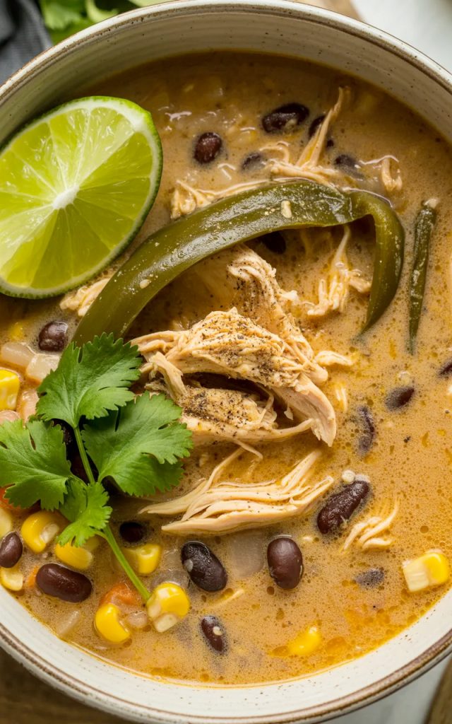 Chicken poblano and black bean soup with shredded chicken, corn, black beans, and fresh cilantro in creamy broth