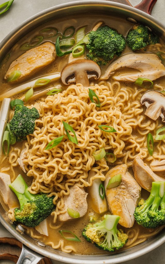 chicken ramen with broccoli and mushrooms in a skillet