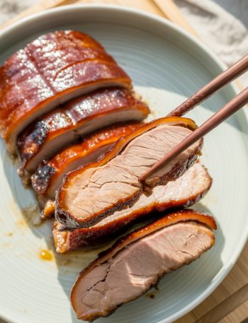 Chinese BBQ pork char siu with caramelized glaze on white plate