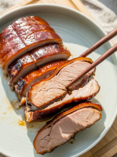 Chinese BBQ pork char siu with caramelized glaze on white plate