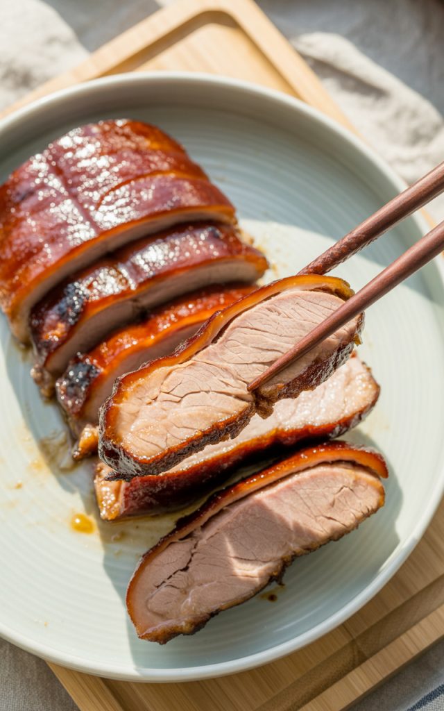 Chinese BBQ pork char siu with caramelized glaze on white plate