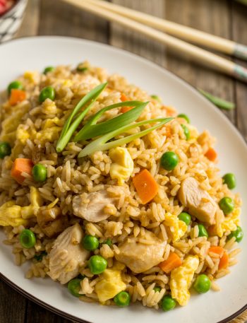 Chinese chicken fried rice on white plate with chicken and vegetables