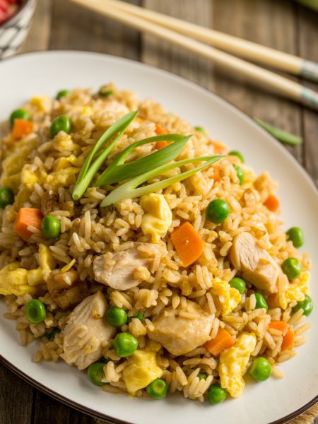 Chinese chicken fried rice on white plate with chicken and vegetables