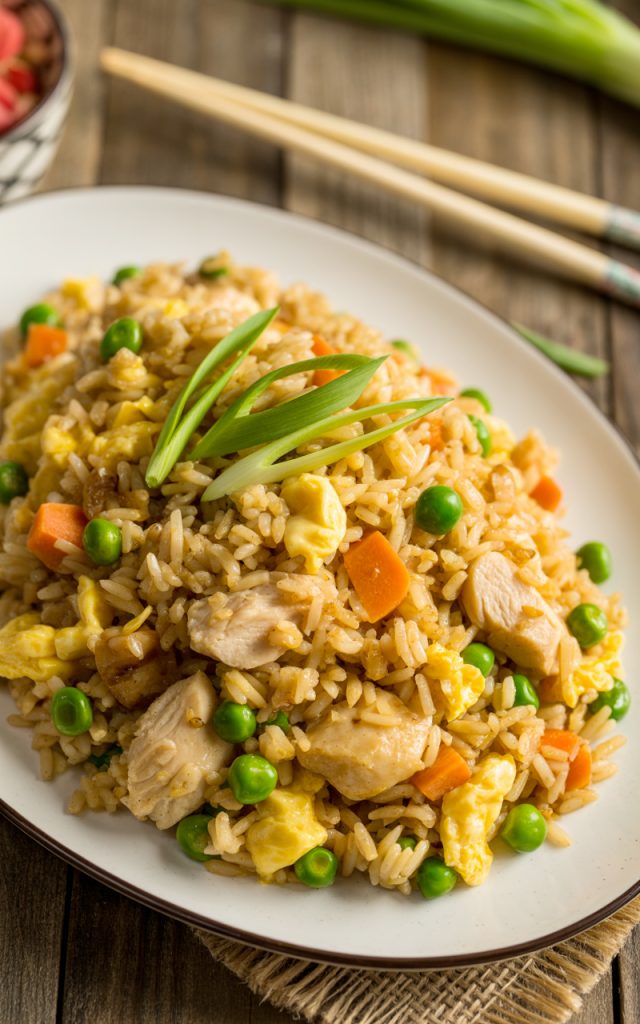 Chinese chicken fried rice on white plate with chicken and vegetables
