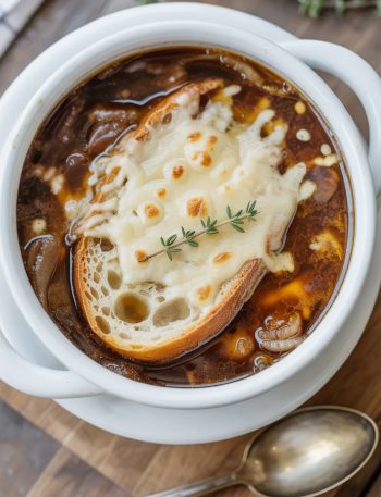 French onion soup in ceramic crock topped with bubbling melted Gruyère cheese and toasted baguette