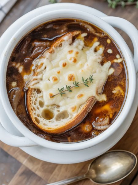 French onion soup in ceramic crock topped with bubbling melted Gruyère cheese and toasted baguette