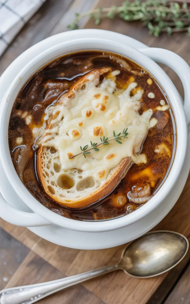 French onion soup in ceramic crock topped with bubbling melted Gruyère cheese and toasted baguette