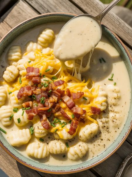 Bowl of creamy bacon cheddar gnocchi soup with cheese pull, crispy bacon bits, and fresh chives garnish