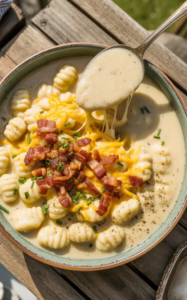 Bowl of creamy bacon cheddar gnocchi soup with cheese pull, crispy bacon bits, and fresh chives garnish