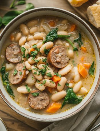 Creamy white bean soup with sliced Italian sausage in a rustic ceramic bowl, garnished with fresh parsley and served with crusty bread