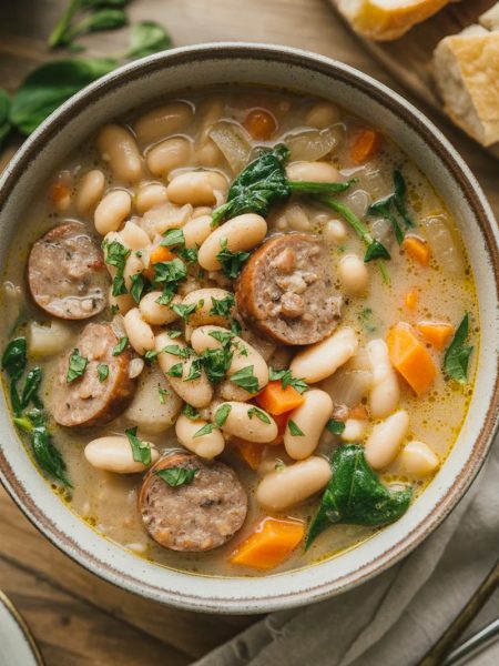 Creamy white bean soup with sliced Italian sausage in a rustic ceramic bowl, garnished with fresh parsley and served with crusty bread