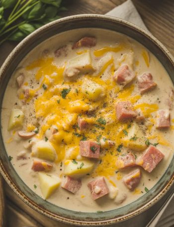 Bowl of creamy cheesy ham chowder topped with melted cheddar cheese, diced ham, and fresh parsley garnish