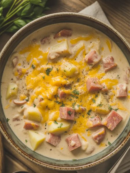 Bowl of creamy cheesy ham chowder topped with melted cheddar cheese, diced ham, and fresh parsley garnish