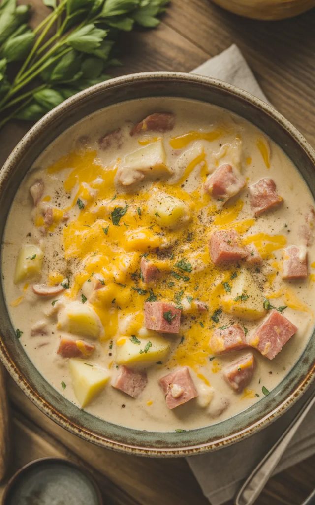 Bowl of creamy cheesy ham chowder topped with melted cheddar cheese, diced ham, and fresh parsley garnish