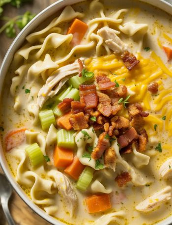 Bowl of creamy crack chicken noodle soup with bacon, cheddar cheese, and egg noodles in rich golden broth