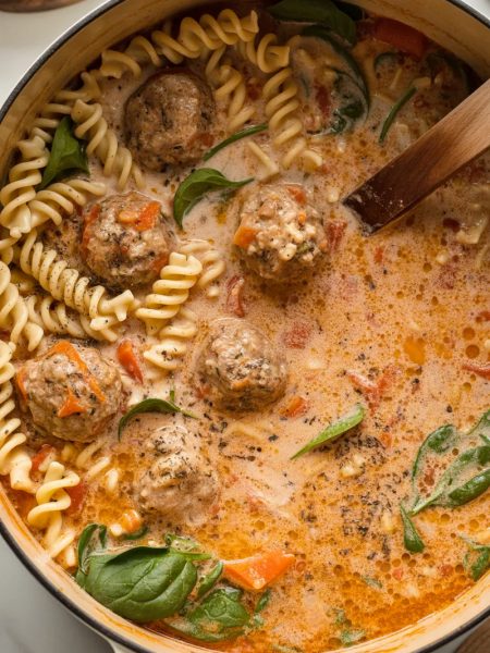 Large pot filled with creamy Italian meatball soup showing meatballs, rotini pasta, and fresh spinach in rich orange-red tomato-cream broth