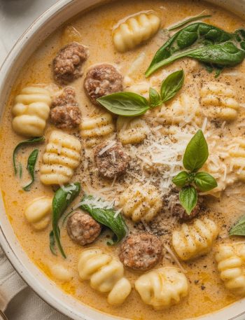 creamy italian sausage and gnocchini soup in a white bowl