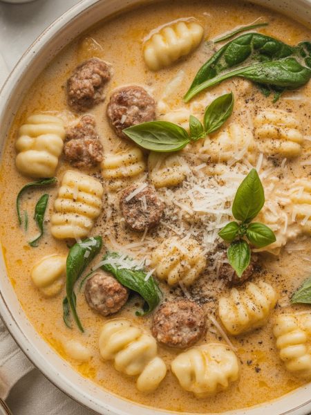 creamy italian sausage and gnocchini soup in a white bowl