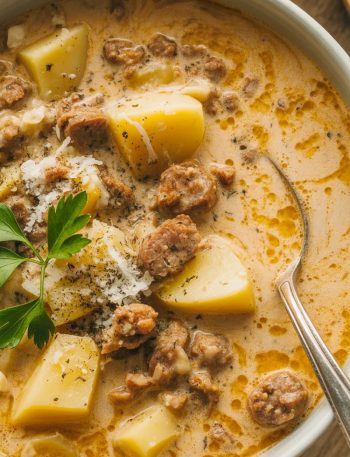 Close-up of creamy Italian sausage and potato soup in a white bowl with golden potatoes, browned sausage crumbles, fresh parsley, and swirls of cream in rich broth