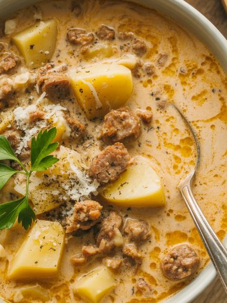 Close-up of creamy Italian sausage and potato soup in a white bowl with golden potatoes, browned sausage crumbles, fresh parsley, and swirls of cream in rich broth