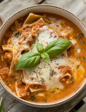 Bowl of creamy lasagna soup with melted mozzarella cheese, broken lasagna noodles, and fresh basil garnish on rustic wooden table