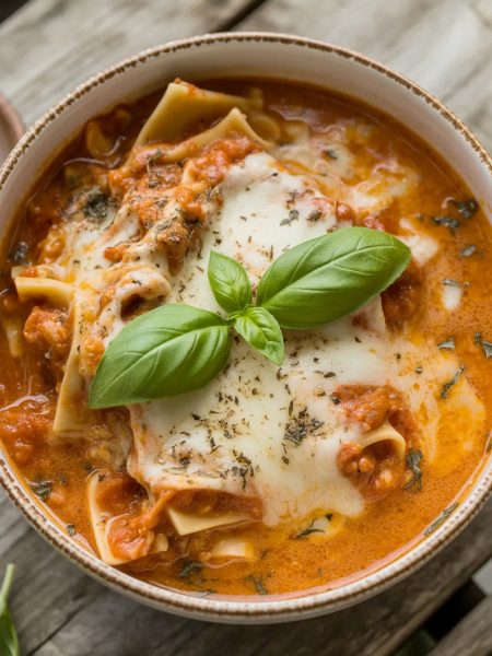 Bowl of creamy lasagna soup with melted mozzarella cheese, broken lasagna noodles, and fresh basil garnish on rustic wooden table