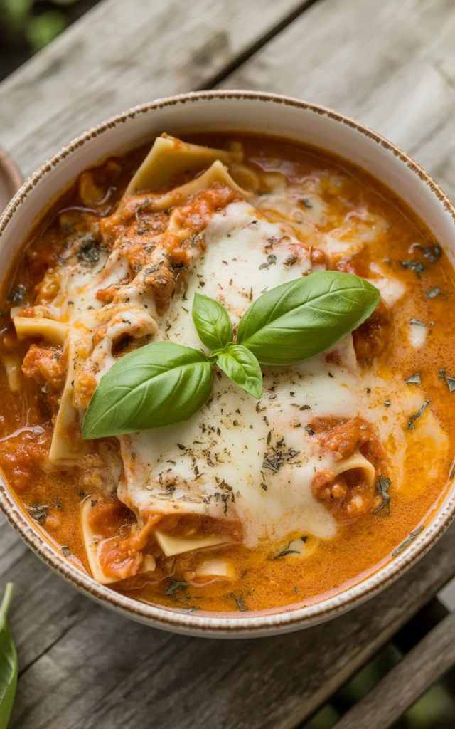Bowl of creamy lasagna soup with melted mozzarella cheese, broken lasagna noodles, and fresh basil garnish on rustic wooden table