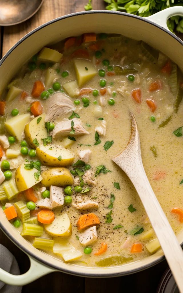 Large pot filled with creamy leftover turkey soup showing chunks of turkey, yellow potatoes, orange carrots, celery, and fresh parsley in rich cream broth with white wooden spoon