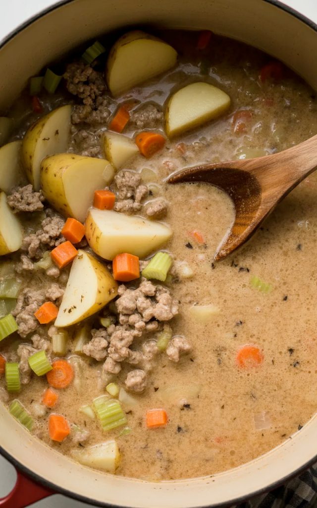 Pot of creamy potato hamburger soup with chunks of potatoes, ground beef, and vegetables in rich broth