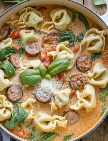 Pot of creamy sausage tortellini soup with Italian sausage, cheese tortellini, spinach, and Parmesan