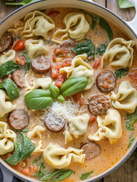 Pot of creamy sausage tortellini soup with Italian sausage, cheese tortellini, spinach, and Parmesan