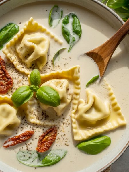 Creamy Tuscan ravioli soup with cheese ravioli, spinach, and sun-dried tomatoes in rich Parmesan cream sauce