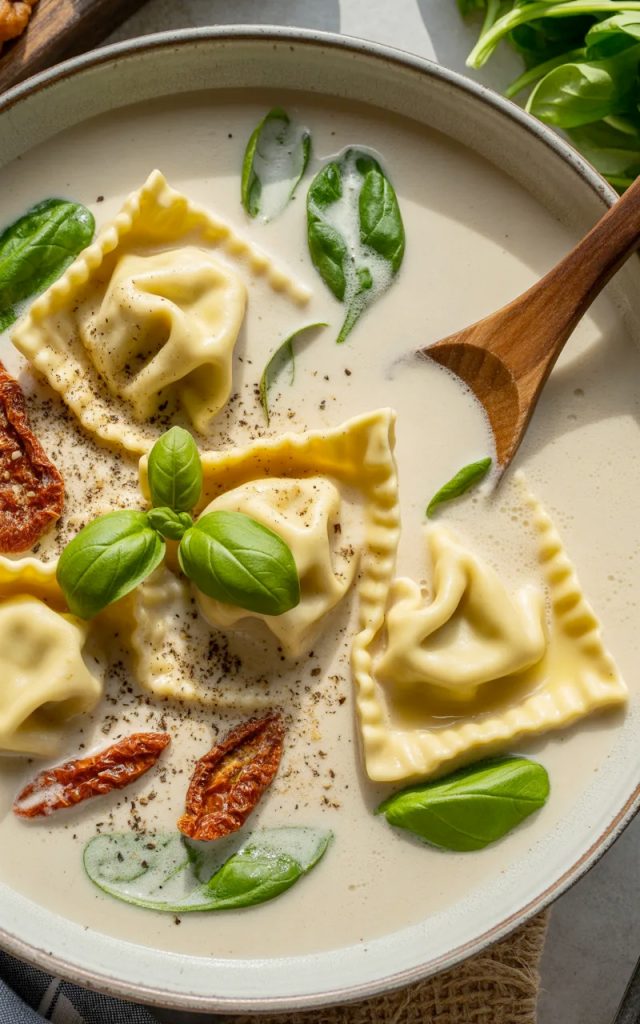 Creamy Tuscan ravioli soup with cheese ravioli, spinach, and sun-dried tomatoes in rich Parmesan cream sauce