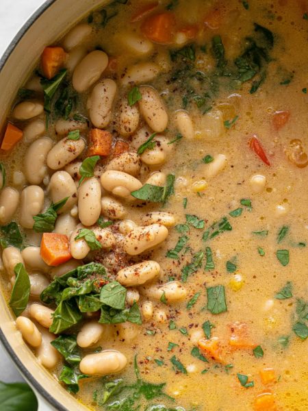 Pot of creamy Tuscan white bean soup with beans, kale, carrots in rich velvety broth