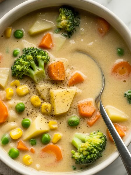 White bowl filled with creamy vegetable soup showing colorful broccoli, carrots, corn, potatoes, and peas in a rich, velvety broth with a spoon